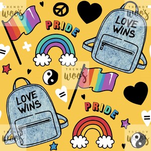 May include: A seamless pattern featuring a variety of pride-themed illustrations on a yellow background. The illustrations include rainbows, peace signs, hearts, stars, yin-yang symbols, and denim backpacks with the text "Love Wins" and "Pride".
