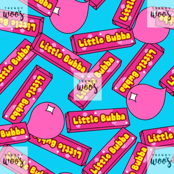 Könnte beinhalten: Ein nahtloses Muster mit rosa und gelben Kaugummipackungen mit dem Text "Little Bubba" auf blauem Hintergrund. Das Muster enthält auch rosa Kaugummiblasen.