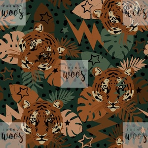 Tropisches Tiger Tier Dschungel Khaki Botanisches Sommer Regenwald Boho Nahtloses Muster / Stoffdesign / Oberflächenmuster / Digitales Muster