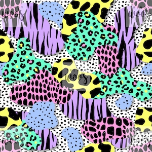 Puede incluir: Patrón abstracto sin costuras con una variedad de estampados de animales en rosa, amarillo, negro, blanco, azul y verde. Los estampados incluyen leopardo, cebra y dálmata.