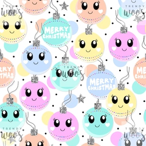 Christmas Xmas Baubles Pastel Kawaii Retro Rainbow Seamless Pattern / Fabric Design / Surface Pattern / Digital Pattern