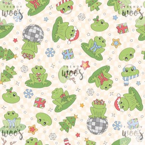 May include: A repeating pattern featuring cartoon frogs in various poses, some wearing Santa hats, earmuffs, and sunglasses. The design includes Christmas trees, snowflakes, and gift boxes on a light beige checkered background. The text "TRENDY WOOS" is also present.