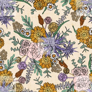 70s Floral Wild Flowers Boho Bohemian Muted Modern Seamless Pattern / Fabric Design / Surface Pattern / Digital Paper / Digital Pattern