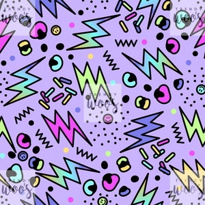 Puede incluir: Patrón repetitivo sobre un fondo lavanda con rayos neón, zigzags y formas abstractas en rosa, verde, azul y amarillo. Pequeños puntos negros y caras sonrientes completan el diseño.