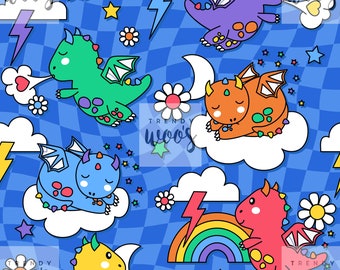 Cute Dragons Kawaii Mystical Rainbow Pastel Children's Unisex Magical Seamless Pattern / Fabric Design / Surface Pattern / Digital Pattern