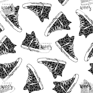 May include: A seamless pattern featuring black and white leopard print high-top sneakers. The pattern repeats with the text "TRENDY WOO'S" in a stylized font.