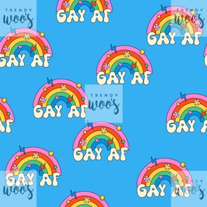 May include: A seamless pattern featuring a rainbow with a lightning bolt and the text "GAY AF" in a retro font. The background is a light blue colour.