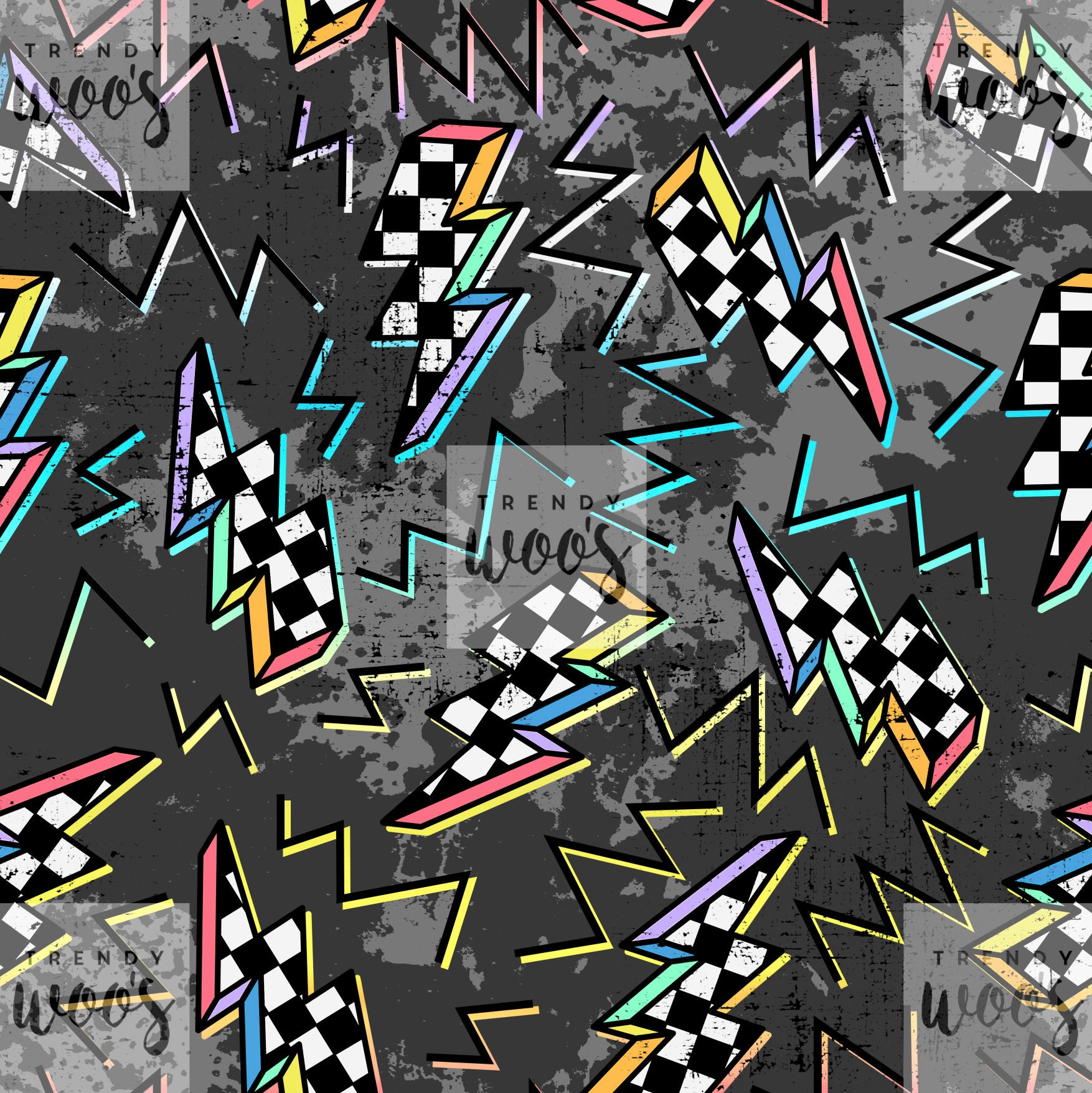 Lightning Bolts Thunder Rainbow Retro Grunge Checkerboard Seamless