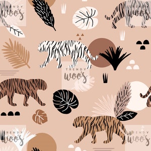 Tiger Animal Jungle Boho Bohemian Scandi Tropical Leaves Seamless Pattern / Fabric Design / Surface Pattern / Digital Pattern