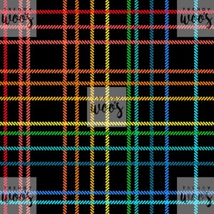 May include: A black background with a rainbow plaid pattern. The pattern is made up of thin lines of red, orange, yellow, green, blue, and purple.