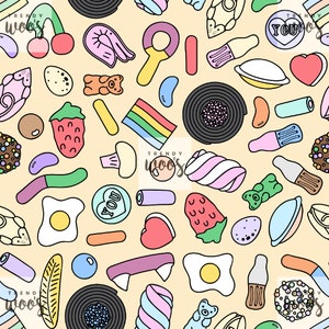 May include: A seamless pattern featuring a variety of colourful candy and sweet treats, including gummy bears, jelly beans, lollipops, and hearts. The background is a light yellow colour.