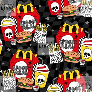 Fast Food Pommes Burger Retro Punk Halloween gruseliger Schädel Nahtloses Muster / Stoffdesign / Oberflächenmuster / Digitales Muster