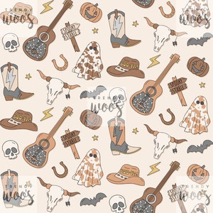 Halloween Western Cowboy Cowgirl Wild West Country Desert Muted Boho Seamless Pattern / Fabric Design / Surface Pattern / Digital Pattern