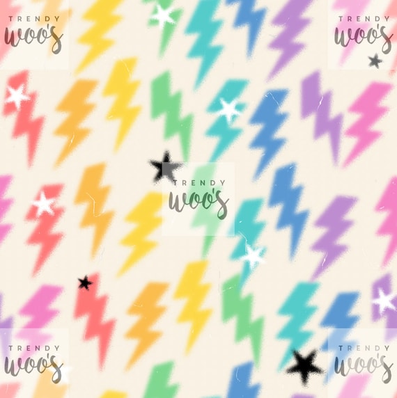 Rainbow Retro Lightning Bolts 90s 80s 70s Stars Seamless Pattern