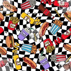 May include: A repeating pattern of fast food items on a black and white checkered background. The design includes hot dogs, hamburgers, fries, popcorn, cola bottles, mustard, ketchup, and milkshakes. The word "Shake" is visible on the milkshake cups.