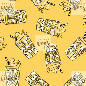 Milchshake Banane Retro Fast Food Gelb Getränk 80er 90er Jahre Pop Art Nahtloses Muster / Stoffdesign / Oberflächenmuster / Digitales Muster