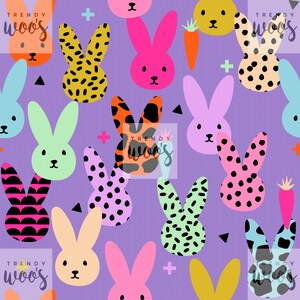 May include: A seamless pattern featuring colourful bunny rabbits with various patterns, including polka dots, stripes and animal print. The background is a light purple colour.