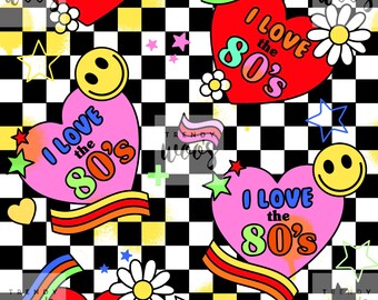 I Love the 80s Retro Heart Slogan Vintage Checkerboard Seamless
