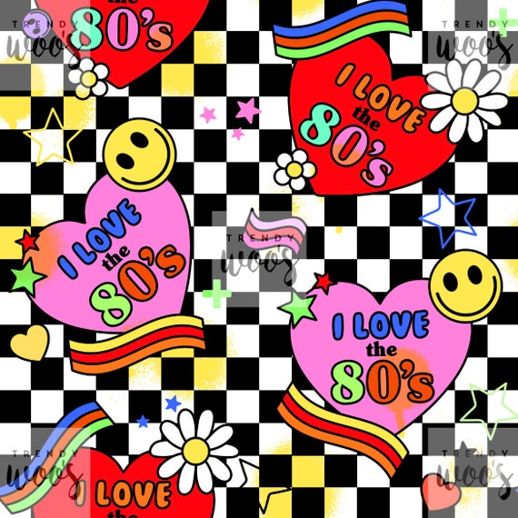I Love the 80s Retro Heart Slogan Vintage Checkerboard Seamless