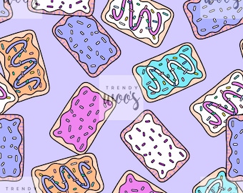 May include: A seamless pattern of colorful, cartoon-style, rectangular pastries with different colored icings and sprinkles on a light purple background.