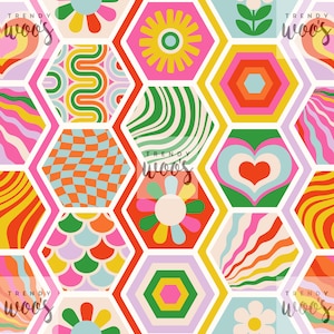 May include: A colourful pattern of hexagonal shapes with various designs, including flowers, hearts, stripes, and geometric patterns. The background is white.