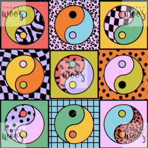 May include: A vibrant, square pattern featuring nine yin and yang symbols, each with a unique design. The symbols are set against colorful backgrounds, including animal prints, checkerboard patterns, and solid colors. The text "Trendy Woos" is visible in the image.