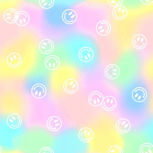 May include: A seamless pattern of white smiley faces on a pastel rainbow background.