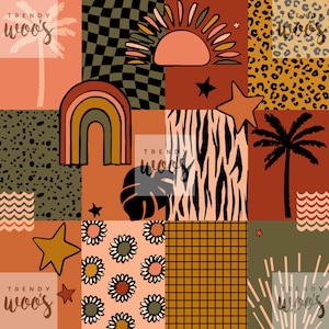 Vacaciones de verano con parches tropicales, estilo retro celestial, bohemio, palmeras y playa, patrón sin costuras, diseño de tela, patrón de superficie, digital