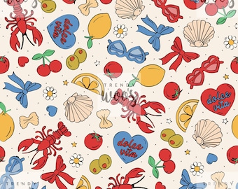 La Dolce Vita Italian Beach Summer Food Lobster Lemon Pasta Amalfi Coquette / Fabric Design / Surface Pattern / Digital Pattern