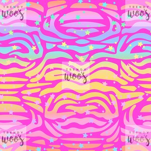 May include: A seamless pattern featuring a pink, yellow and blue zebra stripe design with scattered gold stars. The text "TRENDY WOOS" appears in the corners of the pattern.