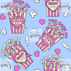 Sprawiasz, że moje serce wyskakuje Walentynkowa miłość Popcorn Retro Różowa dziewczyna Pastelowy bezszwowy wzór / Projekt tkaniny / Wzór powierzchni / Wzór cyfrowy