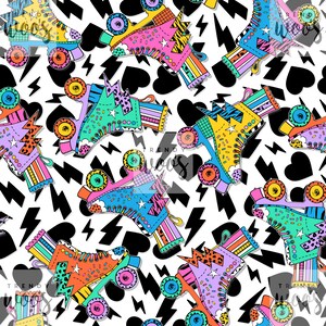 May include: A seamless pattern featuring colorful roller skates with a variety of patterns and designs. The skates are set against a white background with black lightning bolts and hearts.