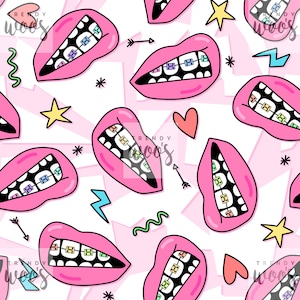 Braces Mouth Lips Teenage Girl Attitude Doodle Pink Y2K Seamless Pattern / Fabric Design / Surface Pattern / Digital Paper / Digital Pattern