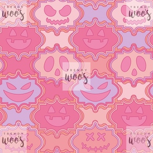May include: A repeating pattern featuring Halloween-themed faces in shades of pink, orange, and purple. The design includes jack-o'-lanterns, skulls, and other spooky expressions. The text "TRENDY woos" is overlaid on the design.