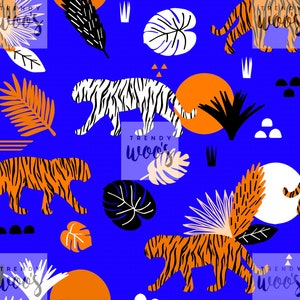 Tiger Animal Jungle Boho Bohemian Scandi Tropical Leaves Seamless Pattern / Fabric Design / Surface Pattern / Digital Pattern