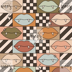 Vampire Fangs Lips Halloween 70s Retro Geometric Boho Neutral Seamless Pattern / Fabric Design / Surface Pattern / Digital Pattern