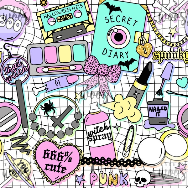 Könnte beinhalten: Ein farbenfrohes und verspieltes Muster mit verschiedenen Halloween-Motiven, darunter eine Spinne, eine Hexe-Sprayflasche, ein Herz mit dem Text "666% cute", ein Schädel, ein Kassettenband mit dem Text "Halloween Hits", eine Make-up-Palette, ein Geheimtagebuch mit einem Auge, eine Nagellackflasche mit dem Text "Nailed It" und ein Armband mit einem Kreuz.