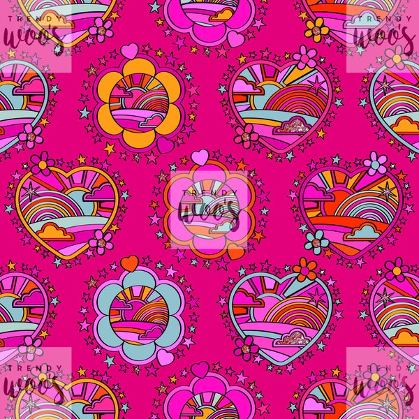 60s 70s Vintage Retro Abstract Floral Heart Groovy Funky Pink Seamless Pattern / Fabric Design / Surface Pattern / Digital Pattern