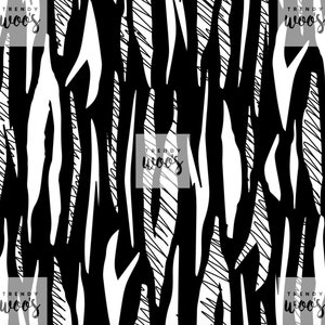 May include: Black and white abstract pattern with a repeating design of vertical stripes. The pattern is made up of thick and thin lines, creating a textured look. The text "TRENDY woo's" appears in the corners of the image.