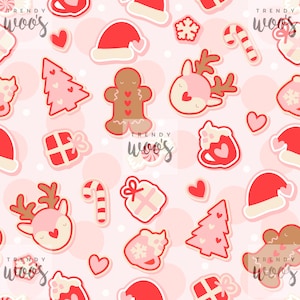 Weihnachts-Icons Rentier Lebkuchen Weihnachtsplätzchen Weihnachtsmann niedlich Herbst Rosa Muster / Stoffdesign / Oberflächenmuster / Digitales Muster