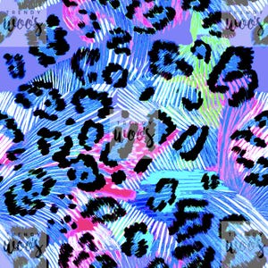 May include: Abstract seamless pattern with a blue, white, pink, and black color scheme. The pattern features a leopard print with white and blue stripes.