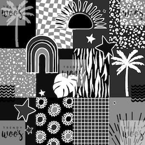 Peut inclure: Collage noir et blanc présentant divers motifs et designs, notamment un motif à carreaux, un imprimé zèbre, un imprimé léopard, un palmier, un soleil, un arc-en-ciel, une feuille de monstera et des étoiles. Le texte "TRENDY WOOS" apparaît plusieurs fois dans l'image.