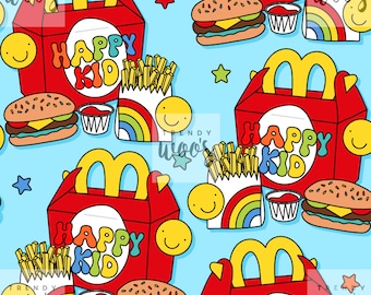 May include: A seamless pattern featuring a red and yellow Happy Kid meal box, a hamburger, french fries, ketchup, and a rainbow with a smiley face. The background is light blue.