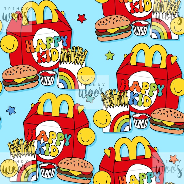 Könnte beinhalten: Ein nahtloses Muster mit einer roten und gelben Happy Kid-Mahlzeitbox, einem Hamburger, Pommes Frites, Ketchup und einem Regenbogen mit einem Smiley. Der Hintergrund ist hellblau.