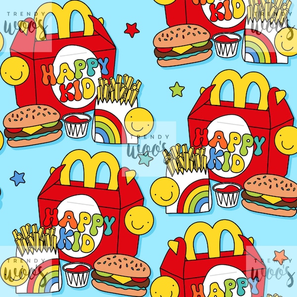 Fast Food Fries Burger Retro Rainbow Fun Kid Children Seamless Pattern / Fabric Design / Surface Pattern / Digital Pattern