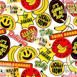 May include: A white background with colorful, cartoon-style stickers featuring bananas and phrases like "Top Banana", "Going Bananas", "Tasty", "Locally Grown", and "It's Gunna Be All Ripe".
