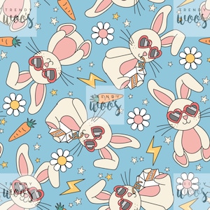 May include: A seamless pattern featuring cartoon bunnies wearing heart-shaped sunglasses and holding milk cartons. The background is light blue with white stars, lightning bolts, and daisies.