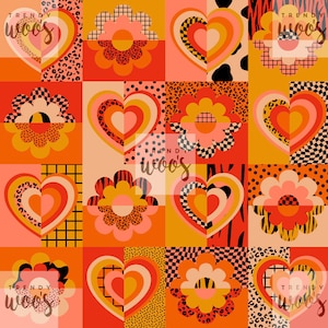 May include: A colourful, geometric pattern with hearts and flowers in orange, red, and yellow. The design incorporates various textures, including leopard print, zebra stripes, and polka dots, creating a retro aesthetic. The text "trendy woos" is visible.