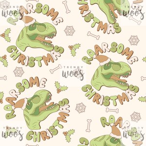 Christmas Xmas Roarsome Dinosaur Retro Winter Fall Santa Boho Muted Seamless Pattern / Fabric Design / Surface Pattern / Digital Pattern