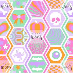 May include: A colorful, repeating pattern featuring hexagonal shapes with various Halloween and fall-themed illustrations. The design includes a pumpkin, skull, spiderweb, and bats, with the text "TRENDY woos" in multiple places. The color palette includes orange, pink, purple, and green.
